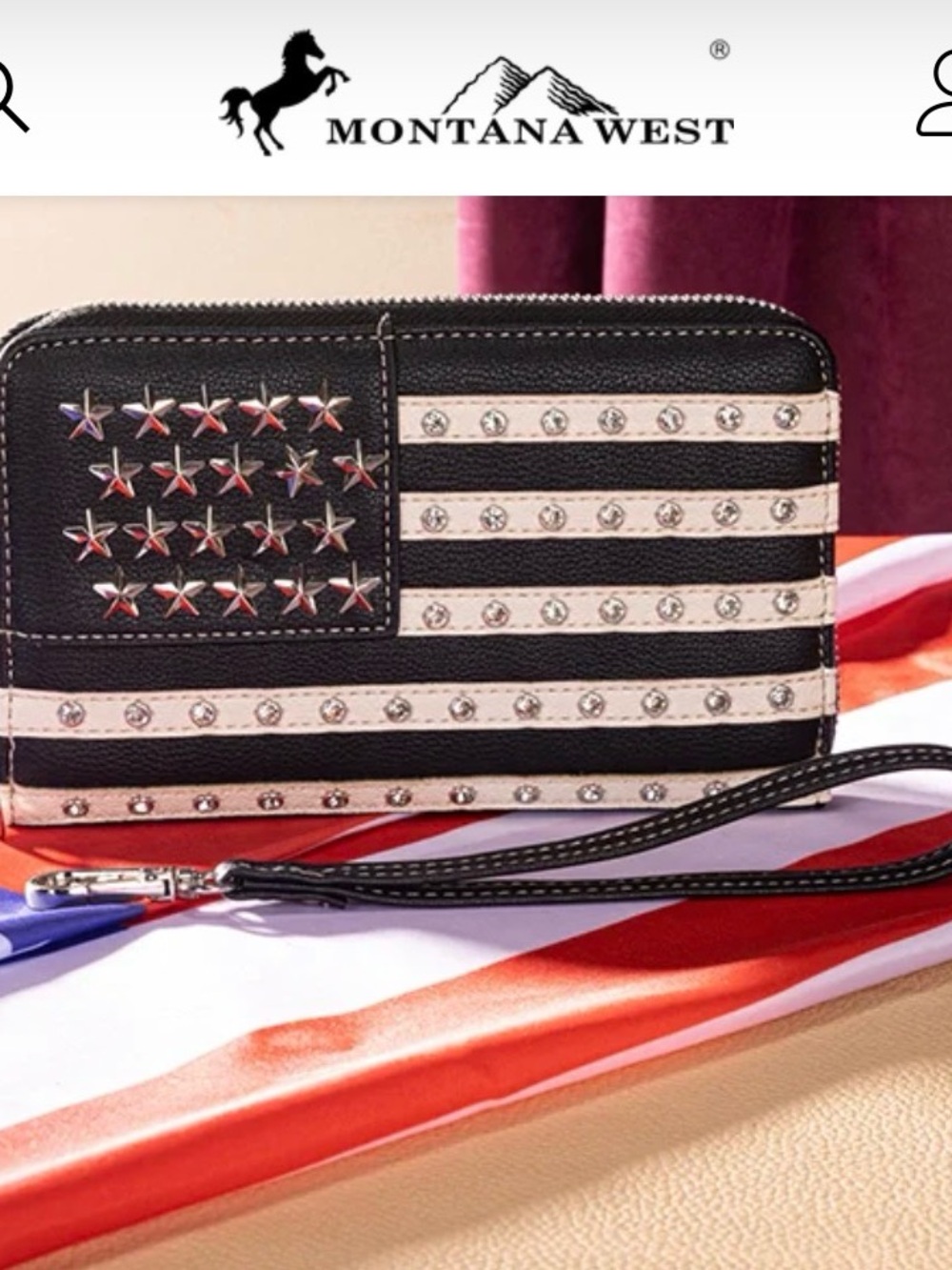 Montana West American Flag Wristlet Wallet NWT Dust Bag Crystals Sparkle
